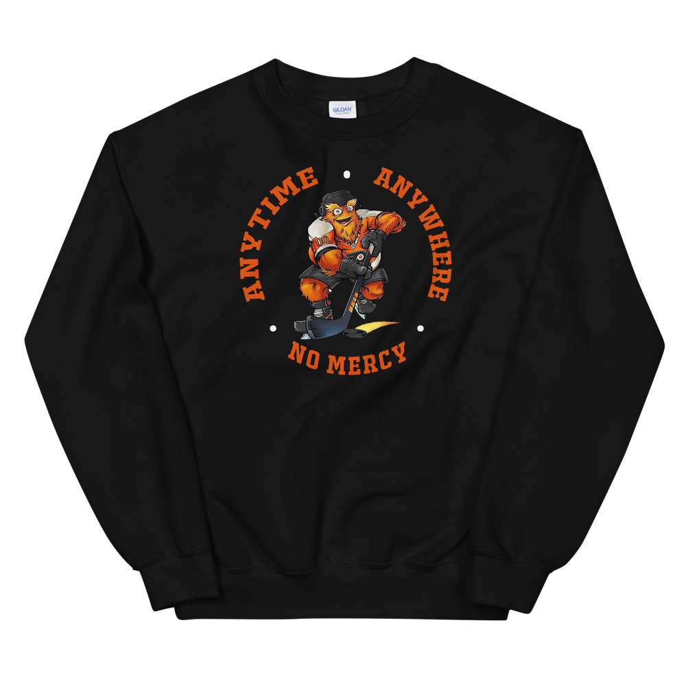 Philadelphia Flyers Sweatshirt Anytime Anywhere Mascot Gritty Men Kids Flyers Fans