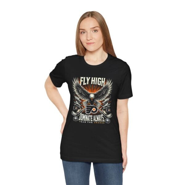 Black Philadelphia Flyers T-shirt with bold hockey graphics – Fear the Orange design."