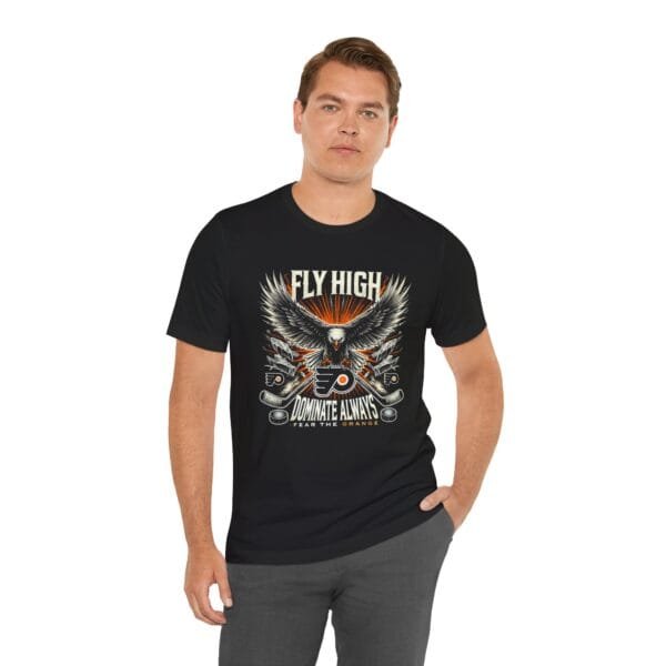 "Black Philadelphia Flyers T-shirt with bold hockey graphics – Fear the Orange design."